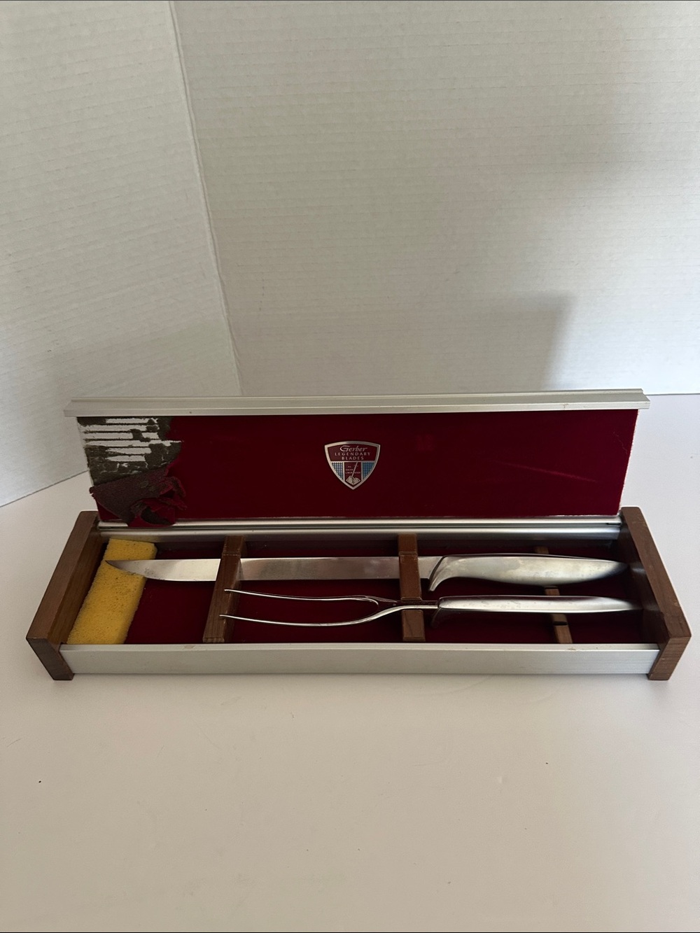 Gerber Silver Carving Knife and Fork Set with Red Lined Case